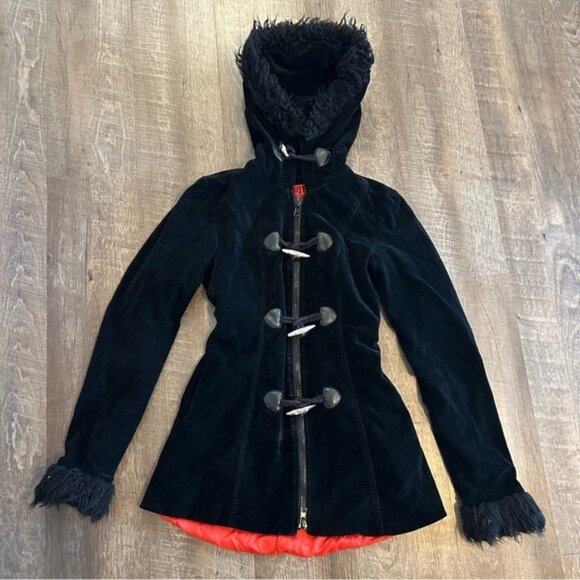 Rare Vintage Tripp NYC Velvet Black Toggle Faux Fur Trim Jacket XS